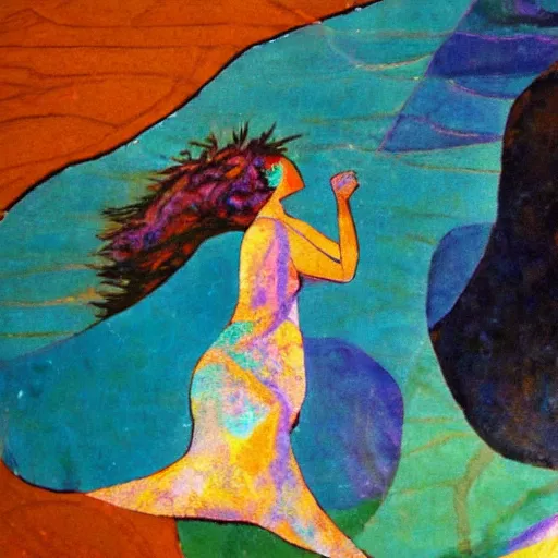 Prompt: the woman emerged from the ocean and danced by the river clothed in seaweed and tree bark , abstract art in the style of cubism and georgia o keefe ,