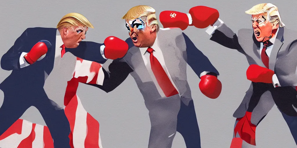 Image similar to donald trump and joe biden in a boxing match, sharp focus, matte painting, illustration, concept art,