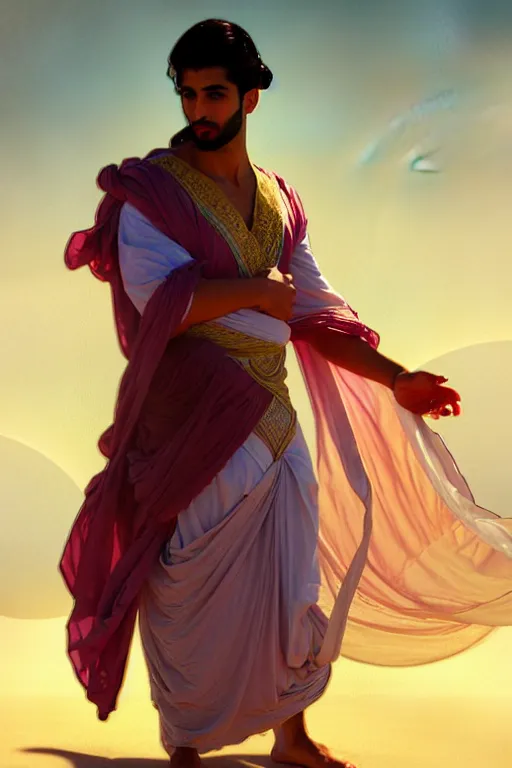 Image similar to full figure beautiful young fit arabic man, dressed with multicolored fluent clothes, luminous scene, by greg rutkowski and alphonse mucha, d & d character, gradient white to gold, in front of a dune desert background, highly detailed portrait, digital painting, artstation, concept art, smooth, sharp focus illustration, artstation hq