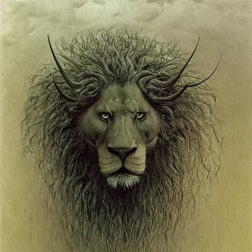 Image similar to the man with the beak of an eagle, the mane of a lion, the horns of a bull. drawn by zdzislaw beksinski