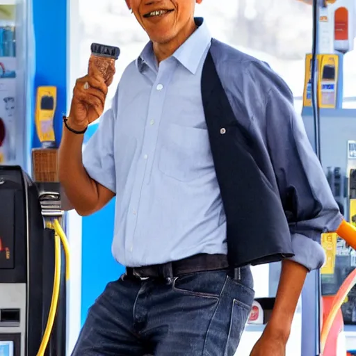 Image similar to barack obama at a gas station, with a fade haircut, wearing ripped jeans, photograph, 4 k