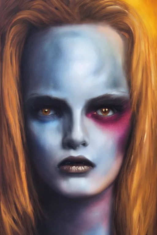 Image similar to hyperrealism oil painting, close - up portrait of european medieval brunette vampire fashion model, knight, steel gradient mixed with nebula sky, in style of baroque