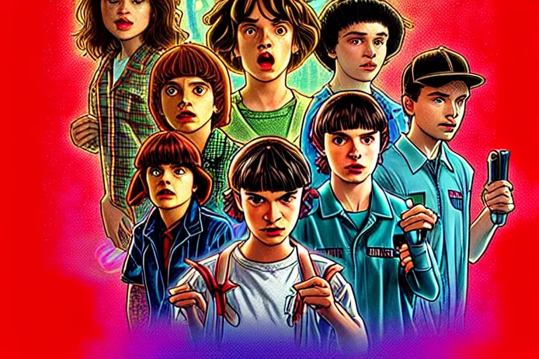 Image similar to closeup shot from the animated version of Stranger Things by Matt Groening, cartoon, detailed faces, high resolution, hyper detailed, intricate, illustrated, dramatic lighting, illustration, artstation, concept art, smooth, sharp focus, art by Alphonse Mucha and Matt Groening !n-9