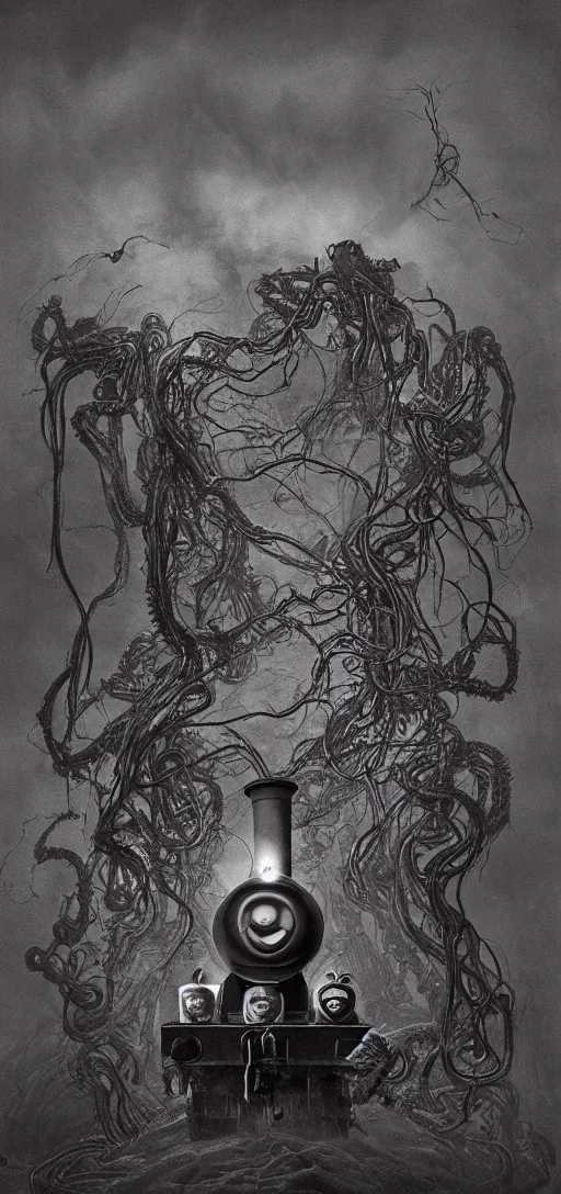 Image similar to thomas the tank engine in style of zdzisław beksinski, extremely dramatic lighting, 8 k, tendrils, black, darkness, black slime tendrils, infected, rust, body horror, thomas the train, thomas the tank engine face, horror,