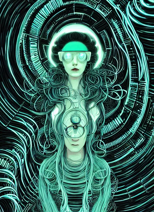 Image similar to highly detailed portrait of a biopunk long curly white hair tribal lady, stray wiring by atey ghailan, james gilleard, by joe fenton, by greg rutkowski, by greg tocchini, by kaethe butcher, 4 k resolution, gradient green, black and white color scheme!!! ( ( irradiated robotic spiral whirlwind background ) )