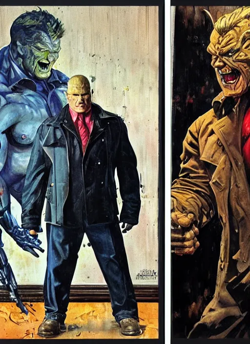 Prompt: full body and head portrait of brock lesnar as a mutant villain wearing a trench coat, painted by norman rockwell and phil hale and greg staples and tom lovell and frank schoonover and jack kirby