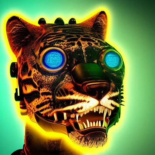 Prompt: portrait of a neon cyberpunk cyborg jaguar animal snarling, octane render