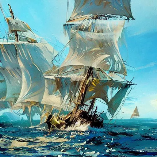 Prompt: A pirate on the high seas that has magical pearlescent shimmering see through sails, painting by John Berkey