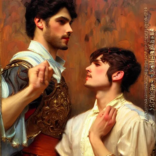 Image similar to attractive fully clothed king confesses his love for his attractive fully clothed male prince. highly detailed painting by gaston bussiere and j. c. leyendecker 8 k