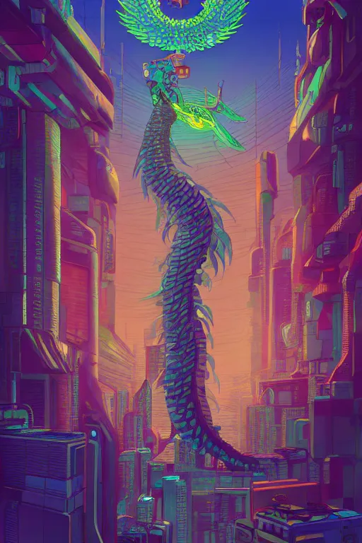 Prompt: A beautiful painting of quetzalcoatl in cyberpunk gotic style, pixelart by Studio Ghibli and Moebius, octane render, zbrush, extremely detailed, pastel colors, trending on artstation