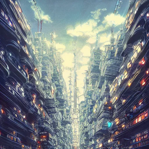 Image similar to a lot of lights, multi layered huge architectures, no people, intricate, Miyazaki Hayao, Ghibli, editor’s pickup, trending on artstation, trending on deviantart, 4K