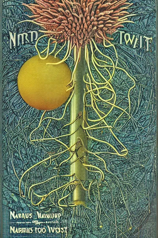 Prompt: vintage magazine advertisement depicting a nerve plant on an old crt television, by marius lewandowski, by ernst haeckel