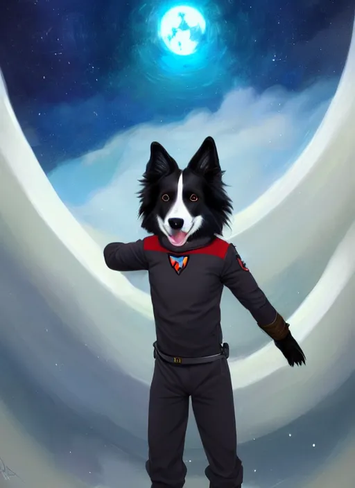 Image similar to wide angle beautiful full body portrait of a cute male anthropomorphic border collie fursona wearing a starfleet uniform on a starship and posing in front of a window, character design by charlie bowater, henry asencio, and ross tran, furry art, furaffinity, scenic background, beautiful, glamor pose, detailed, trending on artstation