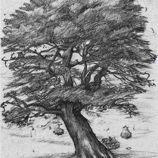Prompt: oak tree on a grasslands hill, logo, pencil drawing, black and white, sharp lines, detailed, by albrecht durer, centered