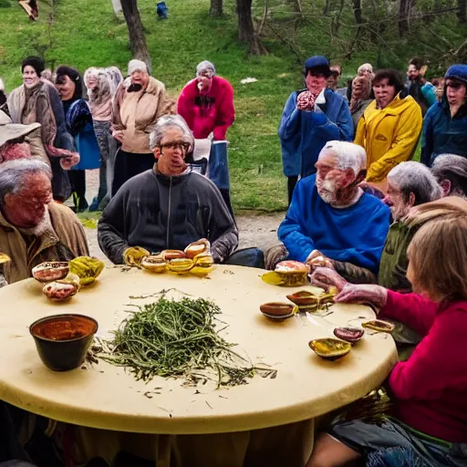 Prompt: a large crowd watching an elderly man eat soup, bold natural colors, national geographic photography, masterpiece, 8 k, raw, unedited, symmetrical balance