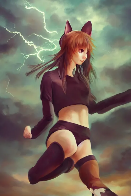 Prompt: Girl with cat ears skateboarding, expressive oil painting, matte art, digital art, trending on artstation, anime style, beautiful lightning, atmospheric