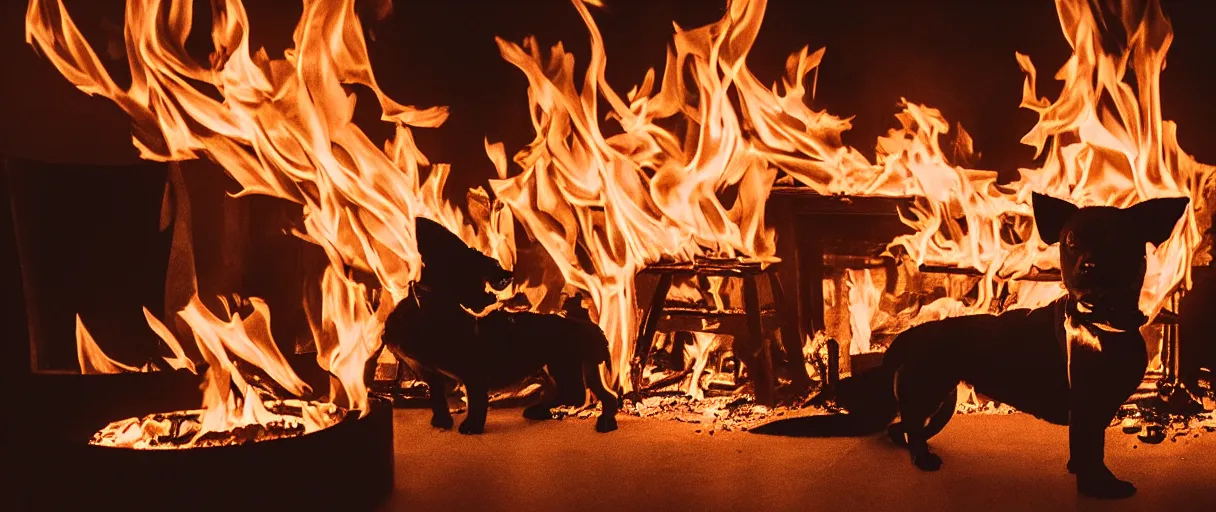 Image similar to a studio photograph (flash on) of a big fire on a dining room on fire, an human-like relaxed dog sitting on a wooden chair at a table (no fire at all there), lights on, ☕ on the table, surrounded by flames, a lot of flames behind the dog, black smoke instead of the ceiling, no watermark