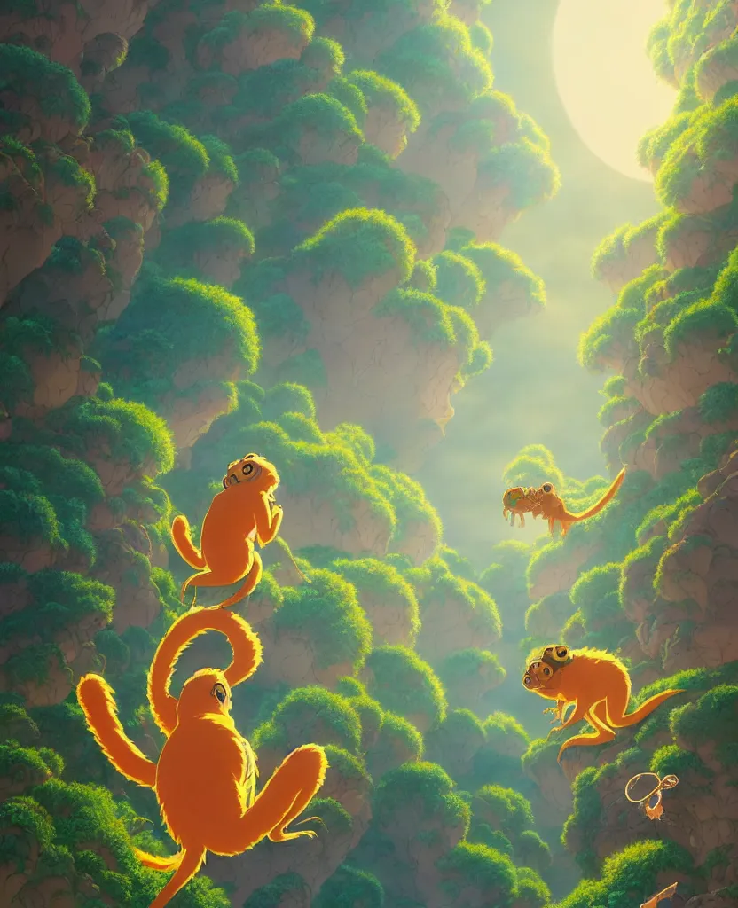 Prompt: beautiful painting from the anime film by studio ghibli, golden hour, backlit, cg society, 8k octane render, cell shading, multi colored geckos, drooling, fur, trending on artstation, by MC Escher