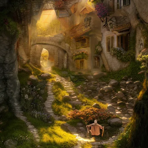 Image similar to my precious! - gollum / smeagol - the hobbit - j. r. r. tolkien - a medieval village in switzerland, ornate, beautiful, atmosphere, vibe, flowers, concept art illustration, greg rutowski, volumetric lighting, sunbeams, particles