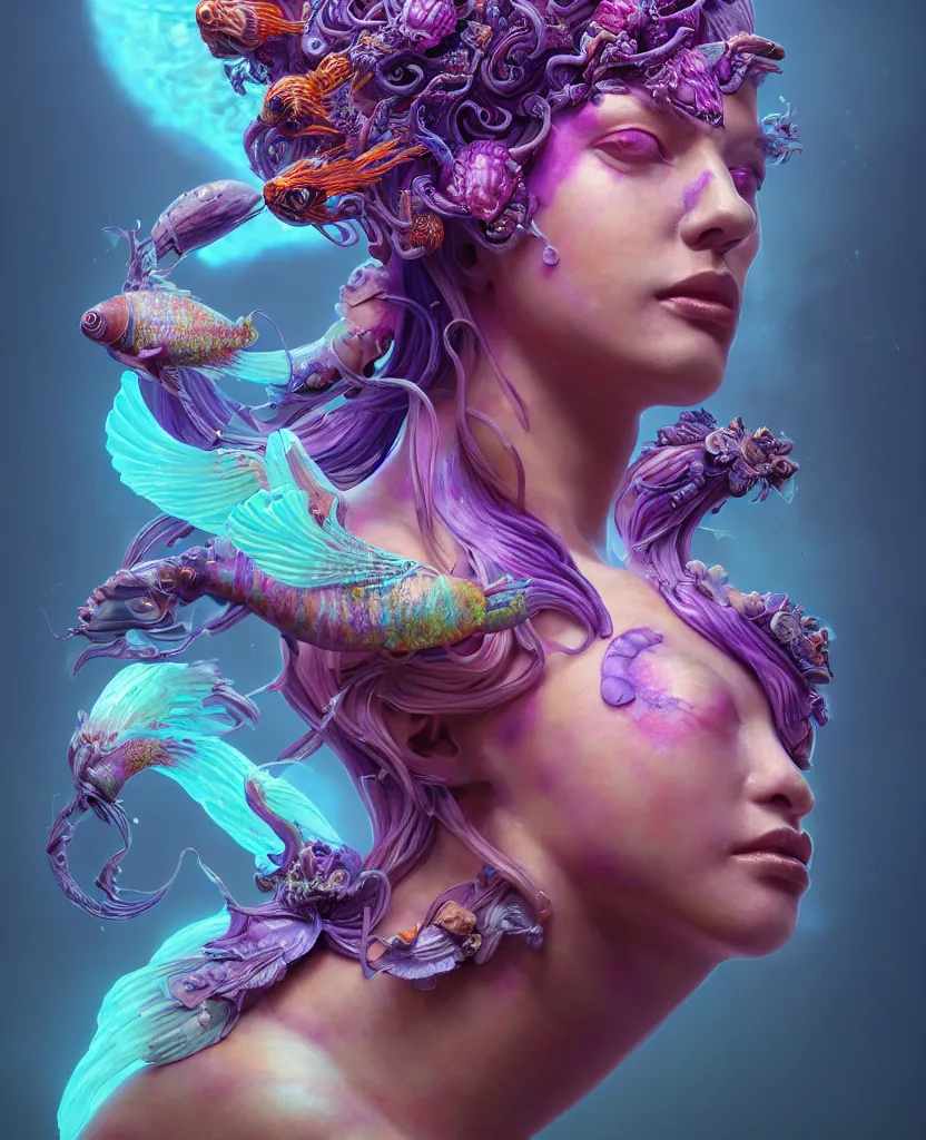 Image similar to goddess full color painted acryllic sculpture close-up portrait. orchid bird phoenix head, nautilus, skull, betta fish, bioluminiscent creatures, intricate artwork by Tooth Wu and wlop and beeple. octane render, trending on artstation, greg rutkowski very coherent symmetrical artwork. cinematic, hyper realism, high detail, octane render, 8k