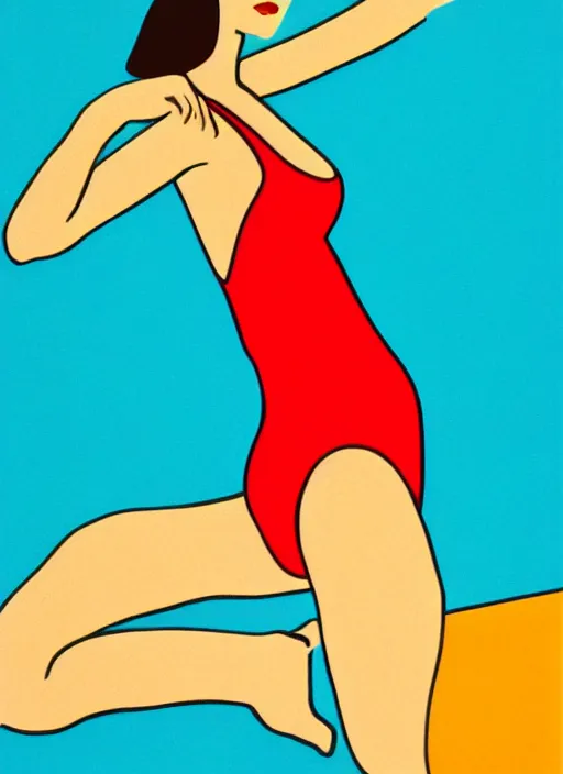 Image similar to portrait of a girl, in retro swimsuit, lying by the pool, minimalist illustration, flat colors, contrasting shadows art by parrish, maxfield, frame from a movie