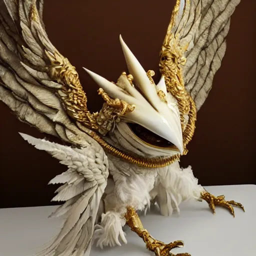 Prompt: white marble with gold accents, an eye with wings and fangs by ellen jewett