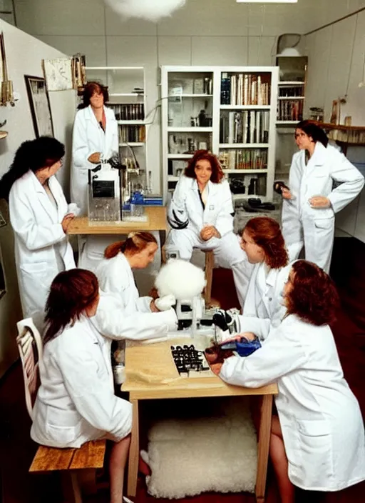 Prompt: realistic photo of a group of female scientists wearing white shorts, faces covered with white paint, watching at a levitating fluffy furry cloud, in a living room laboratory with many wooden gadgets made of wood interior is made of wood 1 9 9 0, life magazine reportage photo, natural colors