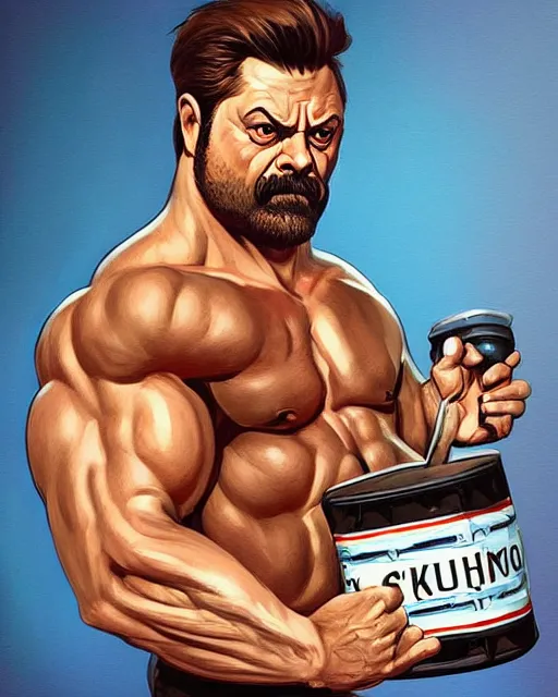 Image similar to gigachad ron swanson bodybuilder holding a keg of beer in final fight office by ilya kuvshinov, ernest khalimov body by krista sudmalis, fantasy character portrait, ultra realistic, concept art, intricate details, elegent, digital painting, smooth, sharp focus, illustration, art by artgerm and greg rutkowski and alphonse mucha, artstation