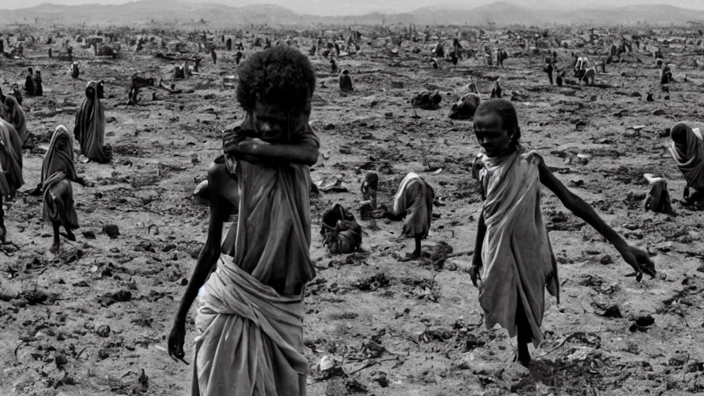 Image similar to 1984 Ethiopian biblical famine and drought, moody, dark, movie scene, hd, 4k, wide shot