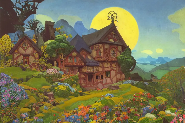 Prompt: the enchanted cottage and gardens of a wise woman on a mountaintop, dramatic cinematic lighting, folk-art carved painted wood house, rich colors, fairytale illustration, by Nicholas Roerich and William Dyce and ford madox brown and April Gornik and Caspar David Friedrich and Diego Rivera and Tyler Edlin and Ivan Bilibin