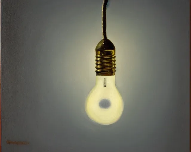 Prompt: Lightbulb in a lone room casting light on the walls. Norbert Schwontkowski oil painting.