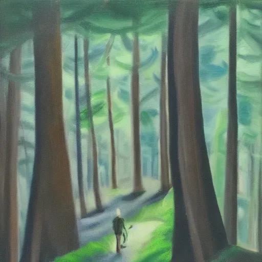 Prompt: Wanderer in the dark forest, oil on canvas