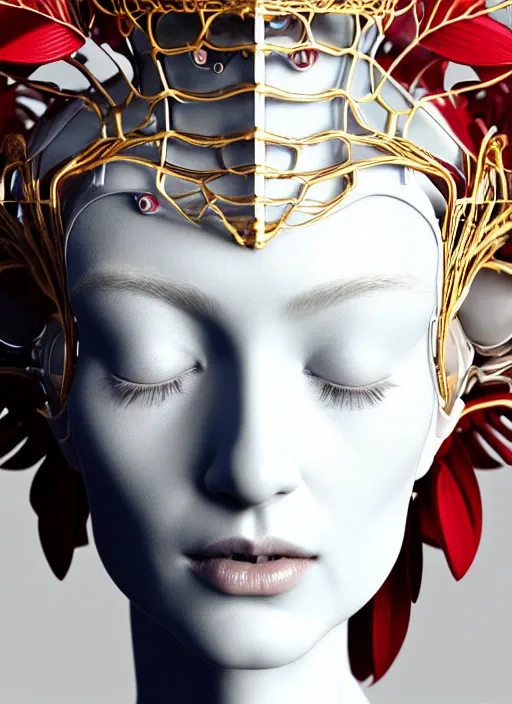 Prompt: complex 3d render ultra detailed of a beautiful porcelain profile woman face, mechanical cyborg, 150 mm, beautiful natural soft light, rim light, studio light, elegant gold details, magnolia big leaves and stems, roots, fine foliage lace, mesh wire, intricate details, hyperrealistic, mandelbrot fractal, anatomical, red lips, white metal armor, facial muscles, cable wires, microchip, elegant, octane render, H.R. Giger style, 8k