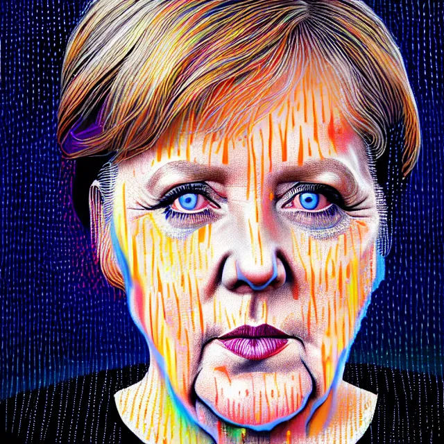 Prompt: bright portrait of Angela Merkel, LSD rain on face and wet hair, diffuse overhead lighting, fantasy, intricate, elegant, dramatic lighting, highly detailed, lifelike, photorealistic, digital painting, artstation, illustration, concept art, smooth, sharp focus, art by John Collier and Albert Aublet and Krenz Cushart and Artem Demura and Alphonse Mucha