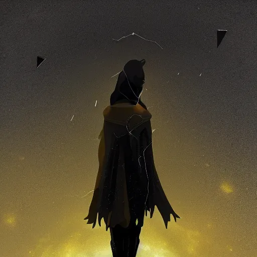 Image similar to award - winning. trending on artstation. 4 k. eerie tone. a figure wearing a layered yellow coat standing in front of a black hole in space. dark background. in the style of cedric peyravernay. full - body. medieval. 4 k.