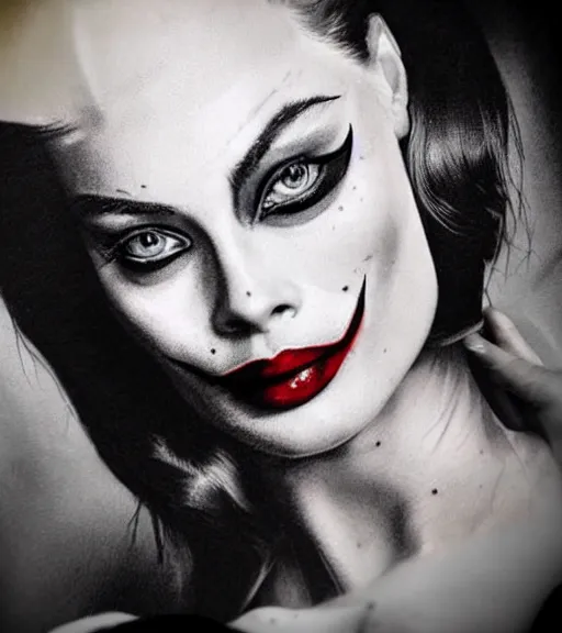 Image similar to tattoo design sketch of beautiful margot robbie portrait with joker makeup, in the style of den yakovlev, realistic face, black and white, realism tattoo, hyper realistic, highly detailed