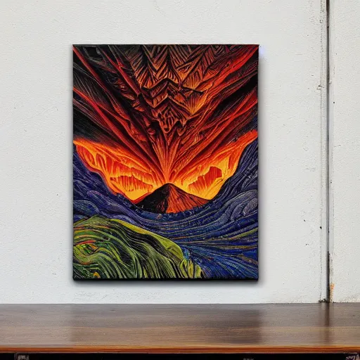 Prompt: vulcano, lava, thunder, surreal by dan mumford and umberto boccioni, oil on canvas