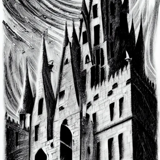 Prompt: black and white artistic drawing of a surrealist castle with ghosts flying all over the place, rough strokes, pencil texture, high contrast key