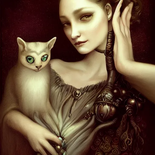 Image similar to a painting of a woman with a cat on her shoulder, a character portrait by tom bagshaw, featured on deviantart, gothic art, wiccan, lowbrow, goth