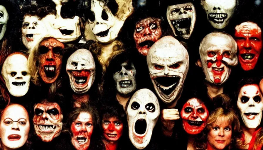 Image similar to a 1 9 8 0's horror movie where angry mob wears a celebrety faces as halloween mask