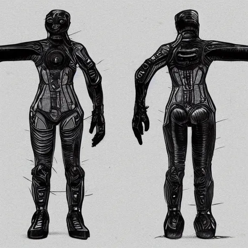 Image similar to cyberpunk cat in suit sketch, front, side, and back view, arms outstretched, modeling reference sheet,