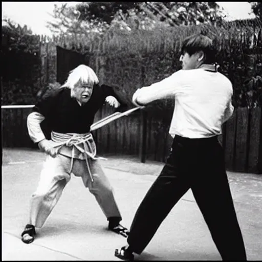 Prompt: Boris Johnson getting beaten in a fight, 60s Kung Fu film, album cover