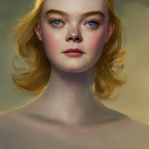 Prompt: Elle Fanning as an Android, head and shoulders masterpiece, oil on canvas, golden hour, in the world of Andrew Wyeth and Fallout 3, artstation, by J. C. Leyendecker and Peter Paul Rubens,