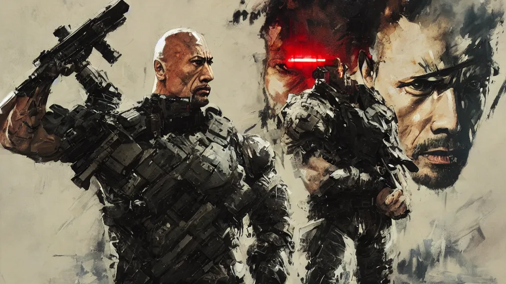 Prompt: dwayne the rock johnson wearing metal gear armor holding gun dramatic lighting art by guy denning brandon anschultz by yoji shinkawa by richard schmid by greg rutkowski by sandra chevrier by jeremy lipking cinematic dramatic brush strokes background