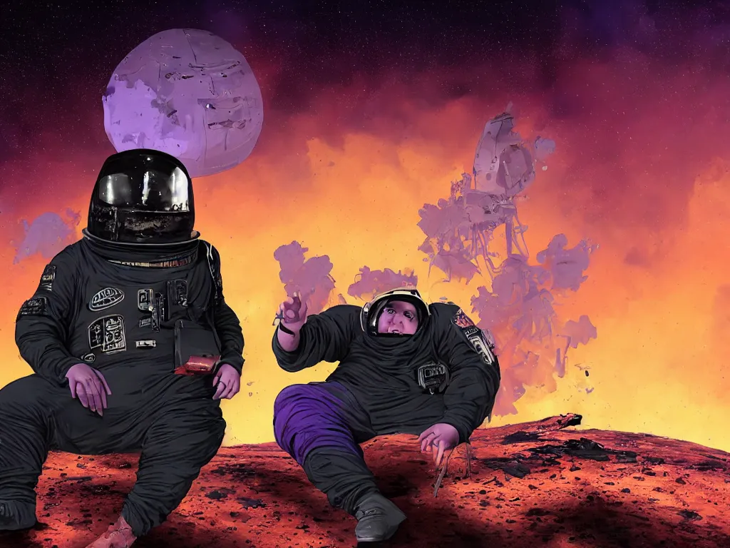 Image similar to portrait of an overweight depressed teenager with emo haircut wearing gothy purple and black spandex suit, sitting next to smashed burning spacecraft wreckage, on the orange surface of mars, highly detailed, dramatic lighting, photorealistic, cinematic