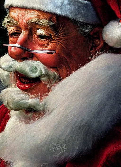 Prompt: high quality high detail painting by norman rockwell, hd, close up portrait, santa clause, muted pastel colors, photorealistic lighting