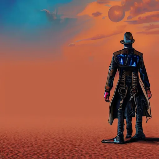 Prompt: high fantasy cybernetic gunslinger with a trench coat walking across the desert in the daytime, concept art, illustration, 4k, vibrant colors