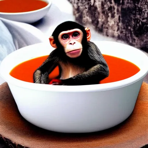 Image similar to a monkey swiming in a bowl of soup