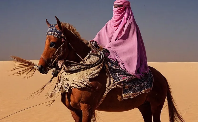 Image similar to beautiful burqa's woman, riding a horse!!! in saharan, sharp eyes, perfect dynamic posture, dust, cinematic, perfect dynamic pose, pinterest, very perfect position, award winning photo by national geographic, bokeh