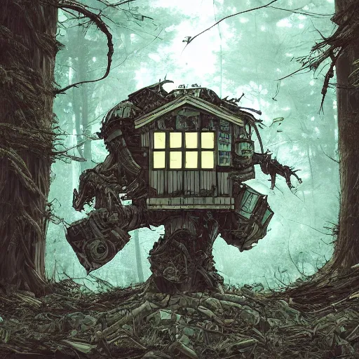 Image similar to in the style of ghostshrimp and deathburger and laurie greasley a giant decaying robot head in a forest that has been turned into a quaint house, highly detailed, 8k wallpaper